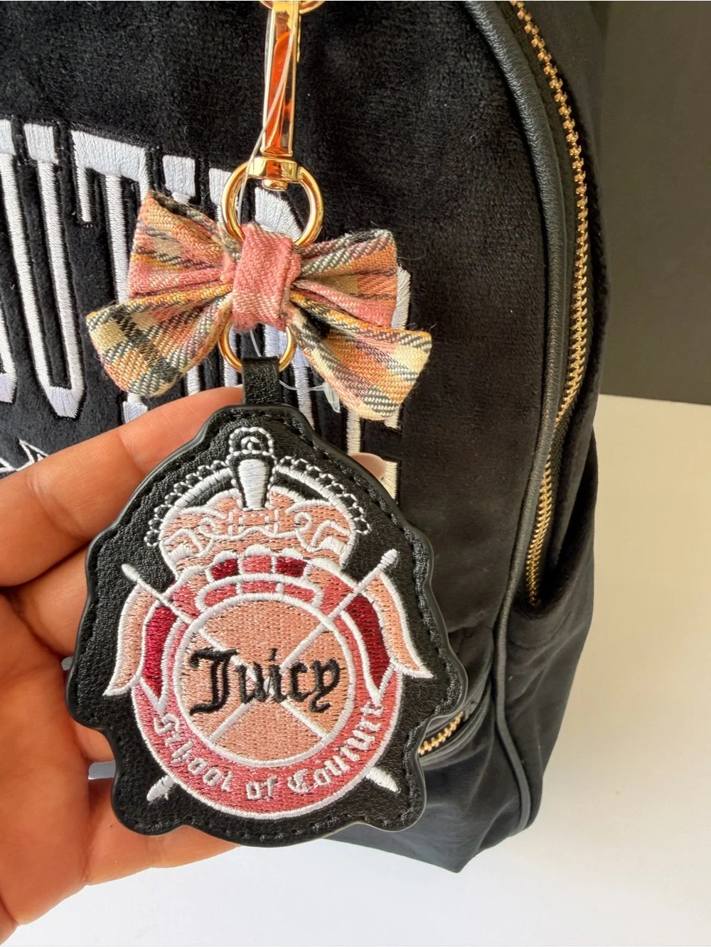 Juicy Couture Black Logo Velvet Backpack with Gold Hardware and Pink Charm